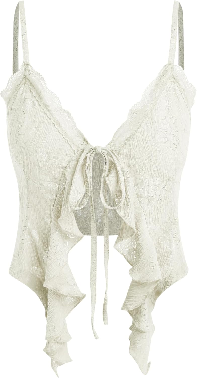 CIDER Going Out Tops for Women Y2K Tie Front Asymmetrical Ruffle Hem Lace Spaghetti Strap Cowgirl Crop Tops