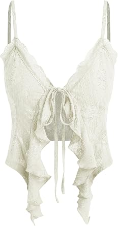 CIDER Going Out Tops for Women Y2K Tie Front Asymmetrical Ruffle Hem Lace Spaghetti Strap Cowgirl Crop Tops