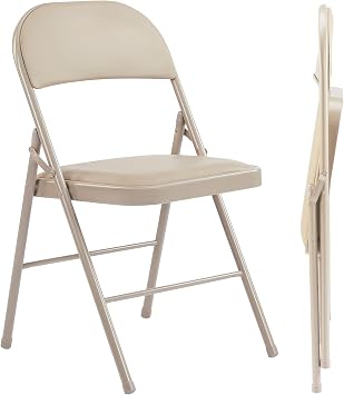 Folding Chairs 2 Pack, Portable Stackable Commercial Chair, Indoor Outdoor Padded Leather Chair with Sturdy Metal Frame, for Home, Office, or Party Events. Kahki, 2 Pack