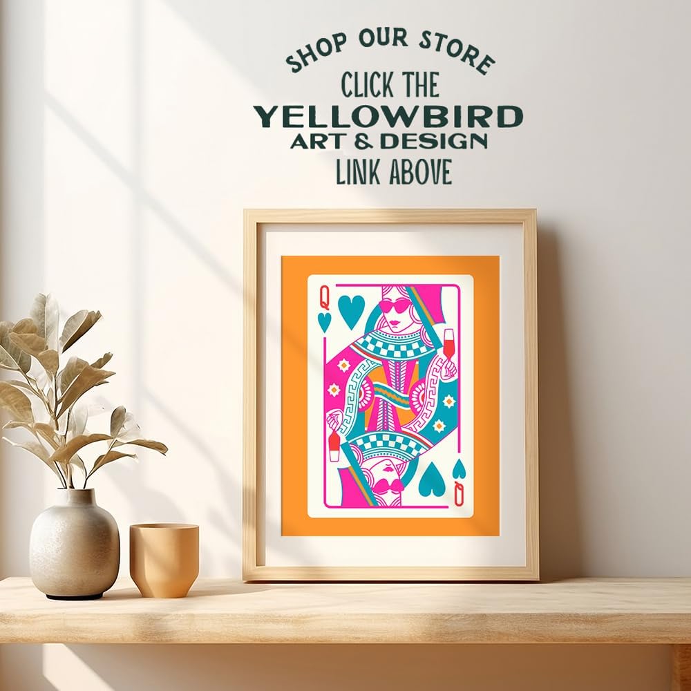 Queen of Hearts Preppy Room Decor - Queen O Hearts Cute Trendy Aesthetic Wall Decor for Women - Funky Blue Pink Orange Bar Print - 70s Retro Chic Home Artwork - Maximalist Bedroom Living room Wall Art image 4