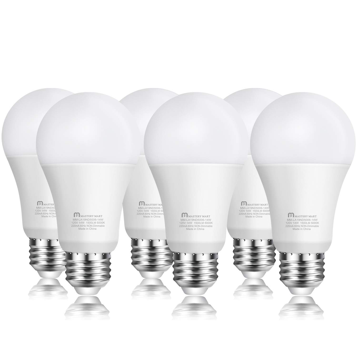 MASTERY MART A19 LED Light Bulbs, 100W Equivalent, E26 Base, 5000K Bright Daylight White, 1500 Lumens, Non-Dimmable, Energy Star, UL Listed, 14W, 6 Pack