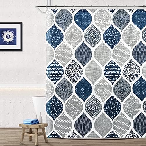 Blue Shower Curtain Geometric Bohemian Navy Blue and Grey Shower Curtain with Hook Boho Royal Indigo Gray Shower Curtain Farmhouse Modern Moroccan Design Washable Water Repellent Fabric 72x72 in
