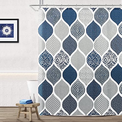 Blue Shower Curtain Geometric Bohemian Navy Blue And Grey Shower Curtain With Hook Boho Royal Indigo Gray Shower Curtain Farmhouse Modern Moroccan Design Washable Water Repellent Fabric 72X72 In #TOP3