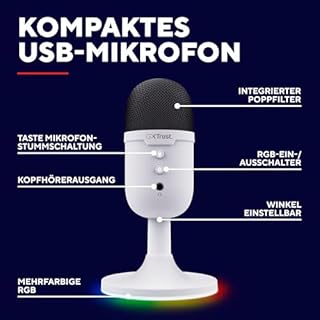 Trust Gaming GXT 236W Yami USB Streaming Mikrofon PC Podcast Twitch Discord ASMR YouTube 5, Kondensator Gaming Mikrofon Nierencharakteristik, Stummschaltung, RGB Beleuchtung - Weiß