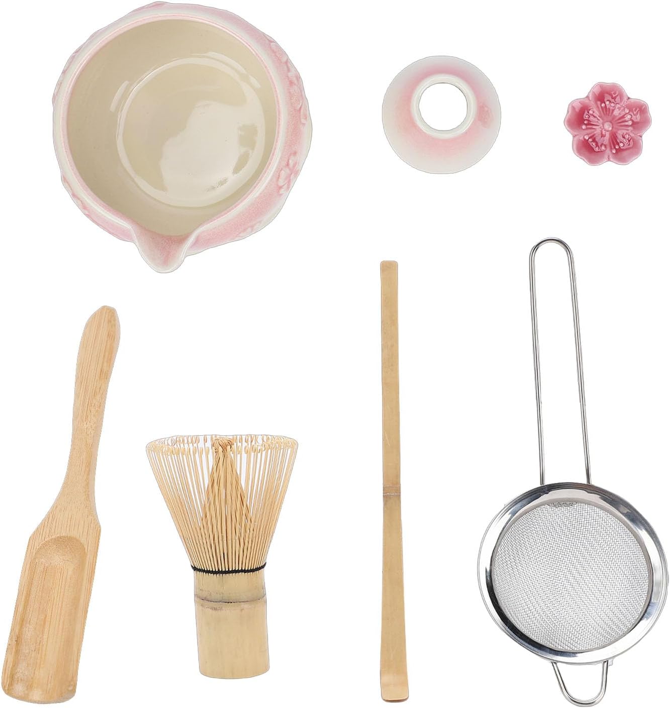 Matcha Whisk Tea Set 7 Pcs Ceramic, Handcrafted Whisk and Bowl Tea Ceremony Kit, Scoop Sifter Stand Embossed Floral Set with Traditional Design, Ideal for Japanese Ceremony & (Pink)