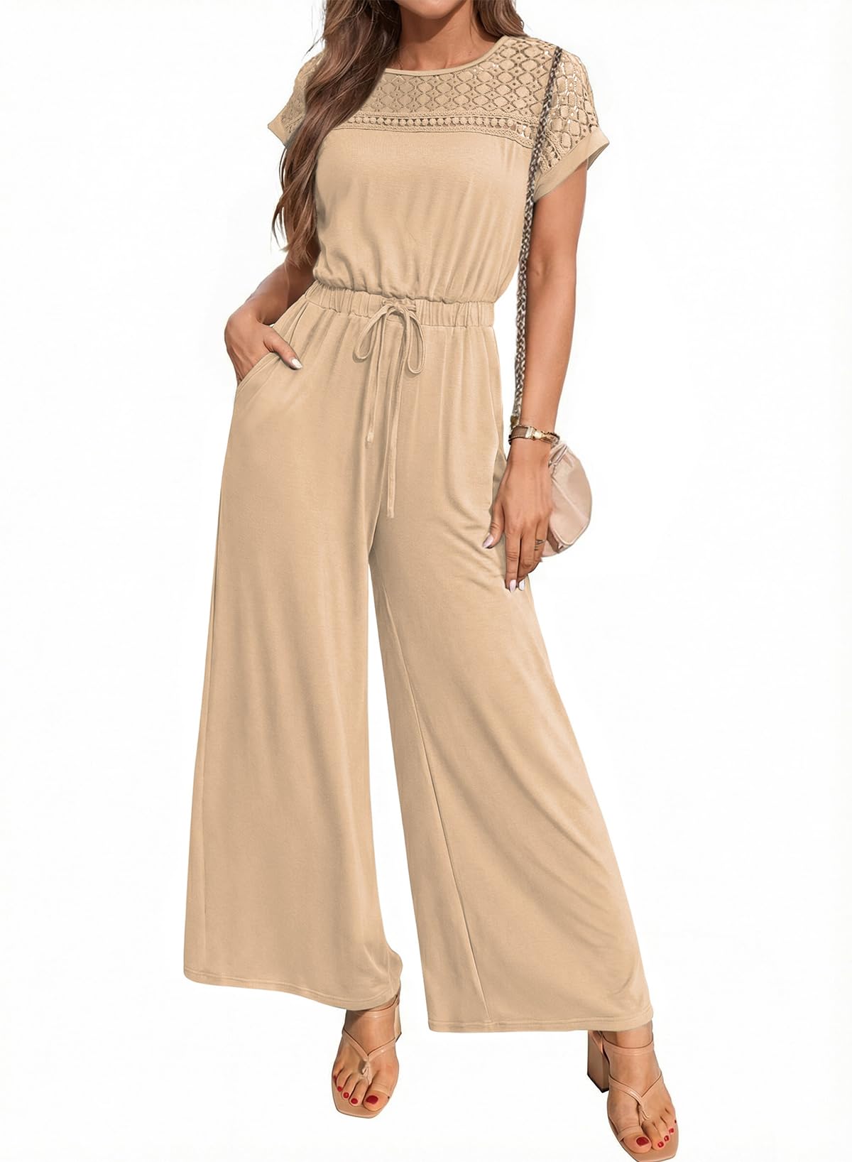 Women's Dressy Casual Jumpsuits One Piece Outfits Drawstring Wide Leg Pants Rompers-image-12