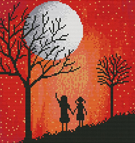 Point de croix pré-imprimé fille sous la lune kit complet broderie DIY 11CT toile 40x50 cm