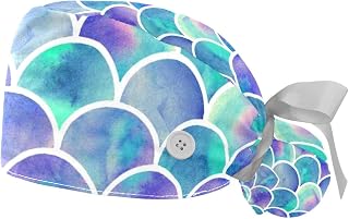 Working Cap with Buttons Sweatband Ribbon Tie Back Bouffant Hats, Tropical Flower Parrot Leaf