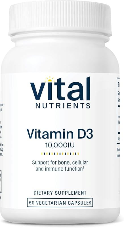 Vital Nutrients Vitamina D 10000 UI - Suplemento de vitamina D3 - Huesos, dientes y músculos sanos* - Función celular e inmune - Absorción de calcio - Sin gluten, lácteos ni soja - 60 cápsulas