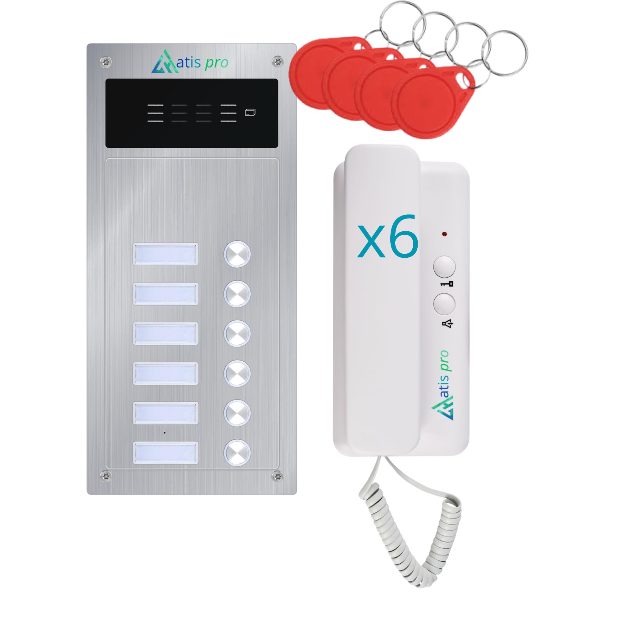 Kit citofono audio 2 fili per 6 appartamenti – Citofono collettivo antivandalo con lettore RFID – Kit completo con alimentatore e cornetti – Installazione da incasso o a parete – Facile da installare