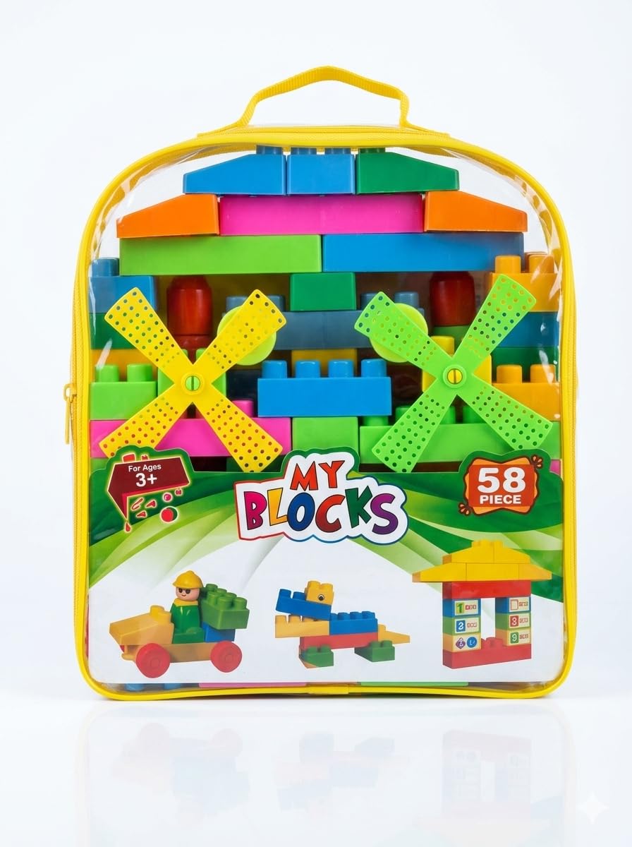 My Blocks Building Blocks Set for Kids, 58 Pieces | Ages 3+, Multicolour Bricks, Windmill Pieces, Carry Bag Included, Creative Play-image-34