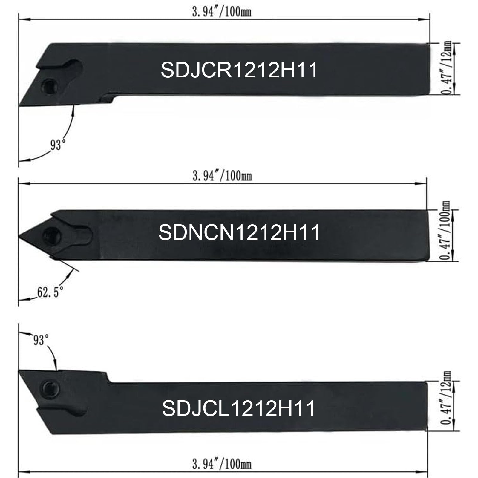 Scalpello da 1/2" SDJCR SDNCN SDJCL1212H11 supporto per tornio CNC + DCMT11 | Tornio in acciaio 12 x 12 CNC, tornio in metallo duro DCMT11T304 / DCMT32.51, tornio indexabile in metallo duro