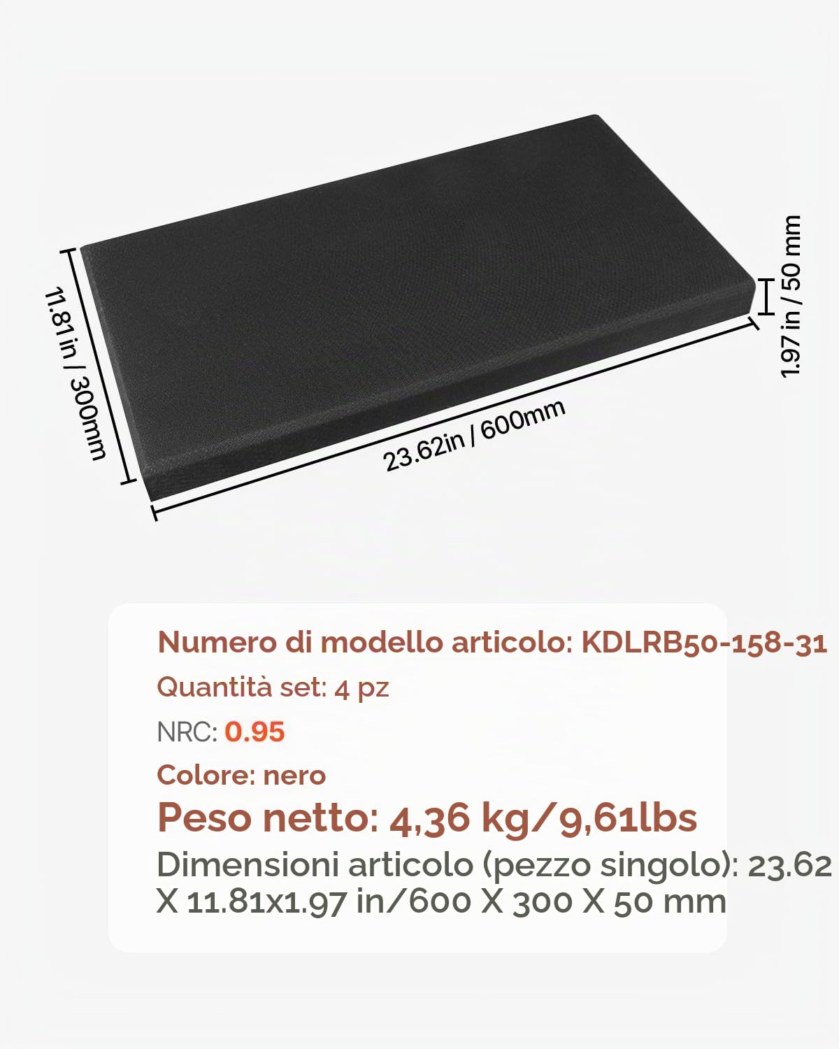 VEVOR Pannelli Acustici Murali Fonoassorbenti Autoadesivi, Pannelli Fonoassorbenti in Fibra di Vetro Bianca 4,36 kg, per Studi, Uffici, Sale Riunioni, 4 Pezzi 600 x 300 x 50 mm, Nero