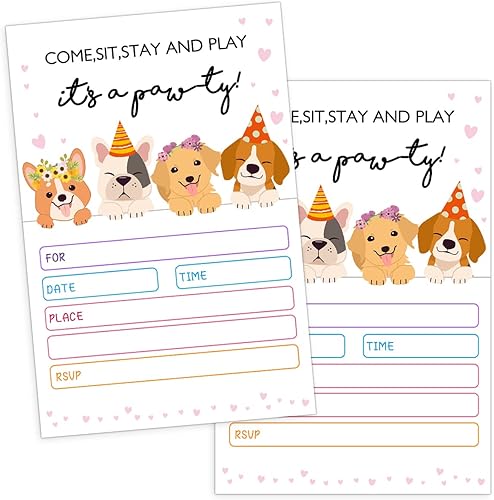 Misaidou Invitación de fiesta de cumpleaños número 20 con sobres, para sentarse y jugar, es hora de rellenar con temática de cachorro, invitaciones