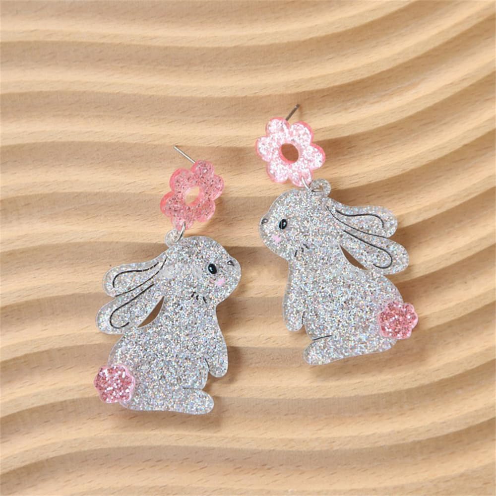 Shiny Acrylic Rabbit Animal Dangle Earrings for Women Cute Sequins Pink Flower Harajuku Bunny Pet Easter Statement Drop Stud Earrings Lightweight Holiday Homecoming Party Jewelry - Image 5