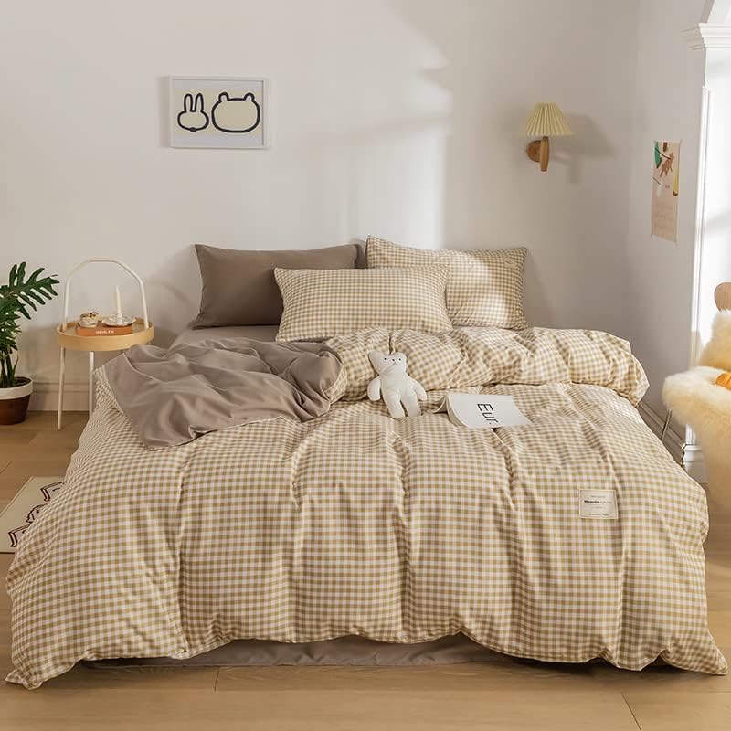 Tan Gingham Duvet Cover Queen Size 3pcs Brown Plaid Checkered Comforter Cover Modern Farmhouse Grid Reversible Bedding Set Soft Breathable Washed Microfiber Duvet Covers for Women Men