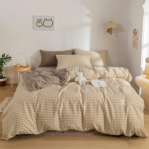 Tan Gingham Duvet Cover Queen Size 3pcs Brown Plaid Checkered Comforter Cover Modern Farmhouse Grid Reversible Bedding Set Soft Breathable Washed Microfiber Duvet Covers for Women Men