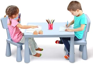 FANTASK Juego de Mesa Infantil de 3 Piezas, Mesa Infantil con 2 sillas, Muebles Infantiles de plástico, Mantel Individual para guardería y habitación Infantil (Azul)