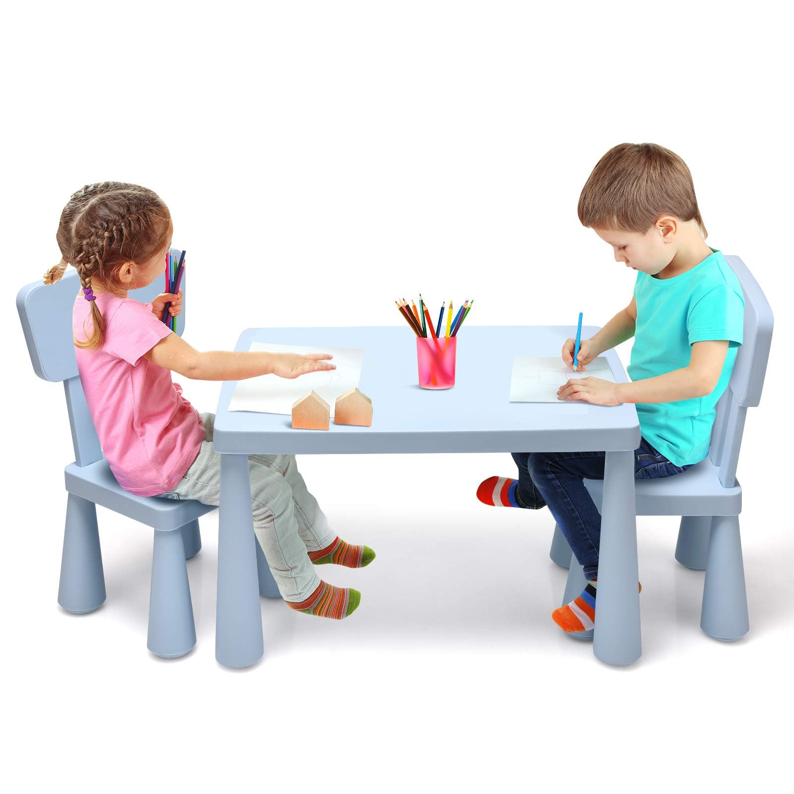 FANTASK Juego de Mesa Infantil de 3 Piezas, Mesa Infantil con 2 sillas, Muebles Infantiles de plástico, Mantel Individual para guardería y habitación Infantil (Azul)