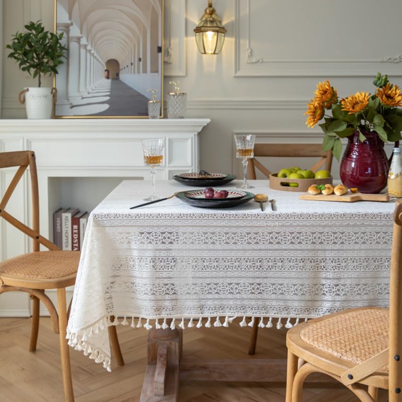 HeichkelL Tischdecke mit Quaste Vintage Spitzentischdecke Quadratisch Häkelspitze Deckchen Lace Tischtuch für Küche Hochzeit Party Beige 150 x 260 cm