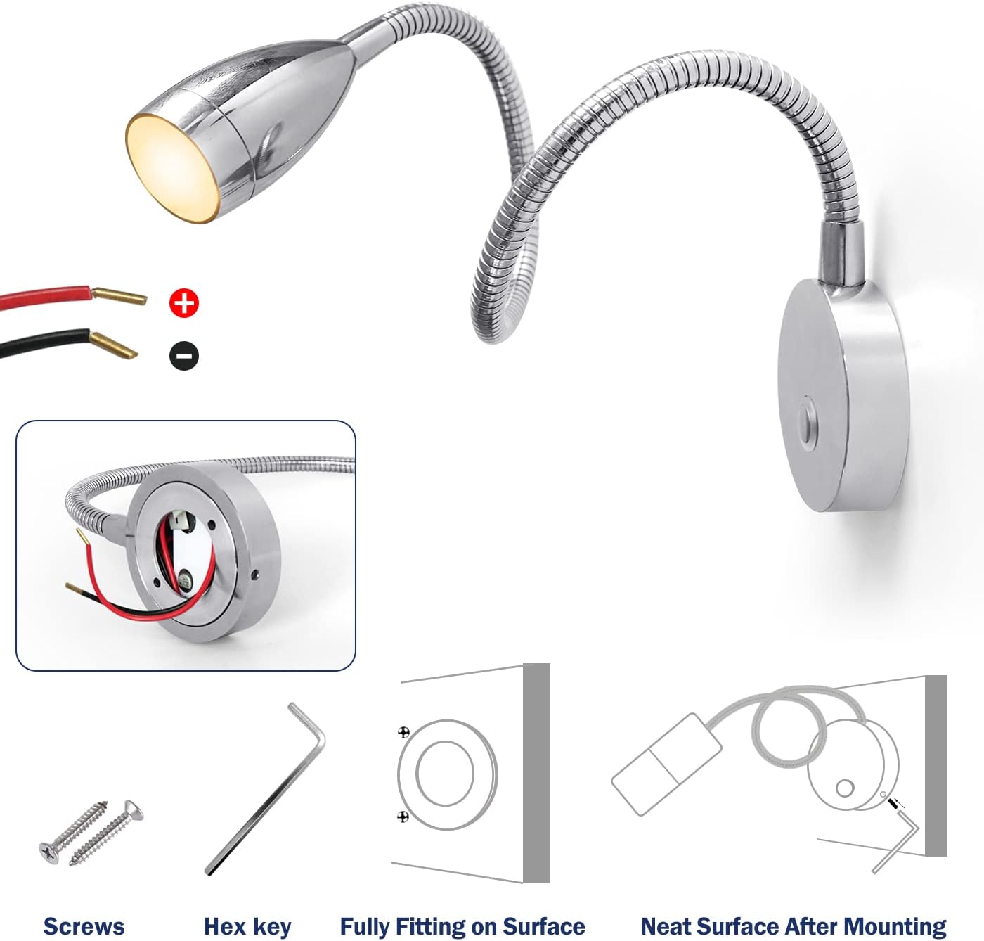 THALASSA 12V RV Gooseneck Reading Lamp with Dimmer Switch - Warm White Interior Lighting for Caravans, Motorhomes, Boats, and Trucks