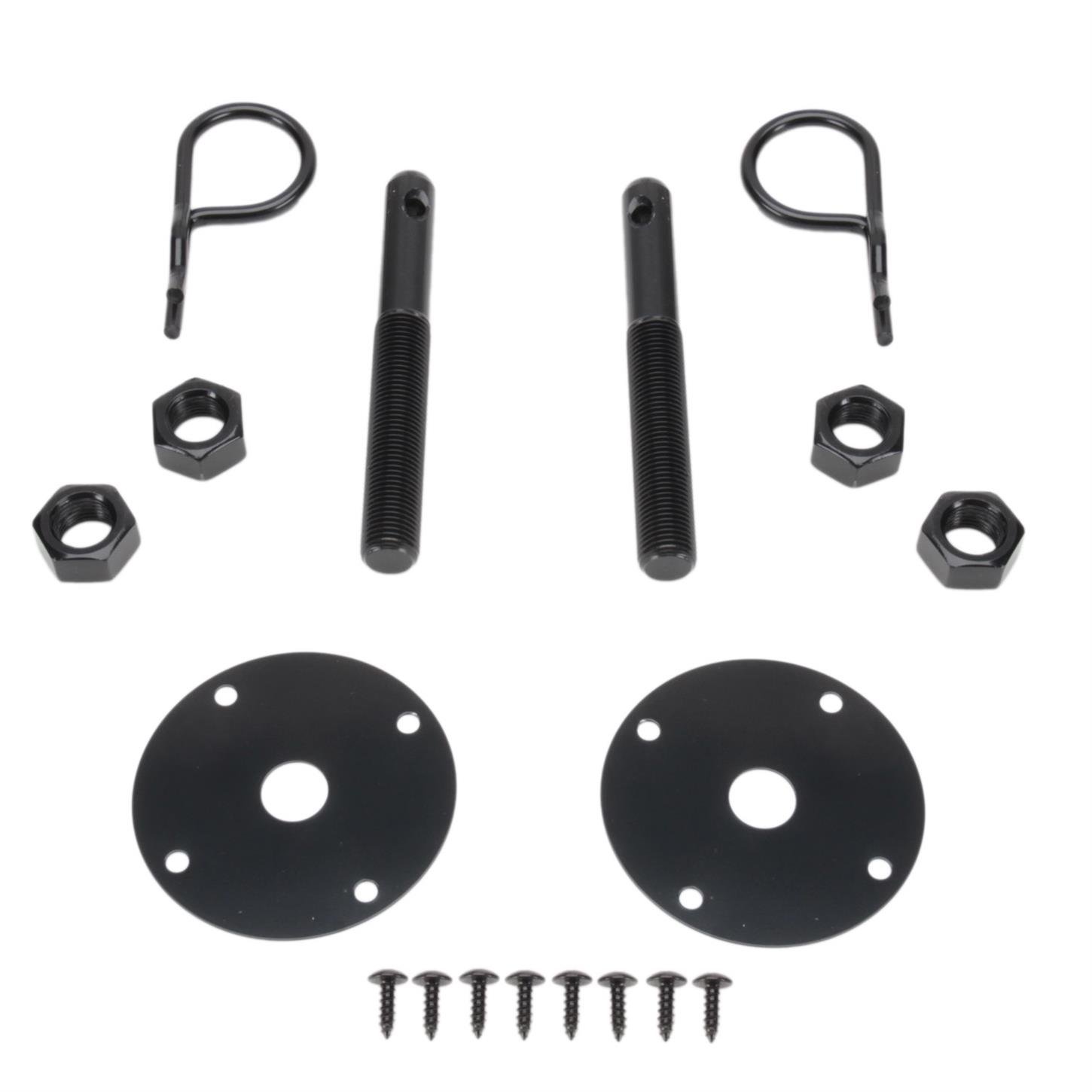 Speedway Motors Black Hairpin Hood Pin Kit, Heavy Duty Steel with Studs, Scuff Plates and Nuts, Quick Release Hood or Deck Pin Set, Universal Fit