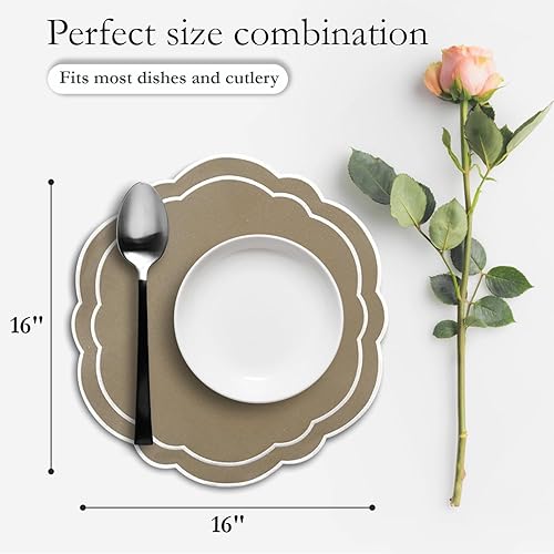 Miniatura 3 de Juego de 4 manteles individuales redondos, lino de algodón, doble capa, manteles individuales bordados festoneados de lujo, 16 pulgadas, mantel