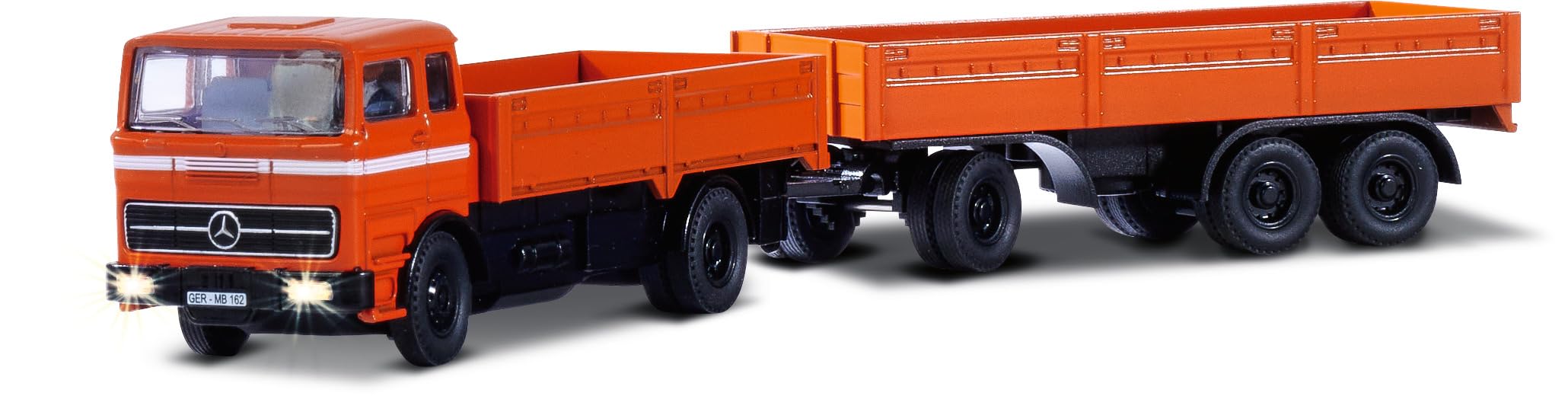 Carson 1:87 MB 1620 Pritsche mit Anhänger 100% orange - Fahrfertiges Modell, RC Auto, H0 Auto,RC Modell,Diorama Fahrzeug, Ferngesteuerter LKW, Remote Controled Truck