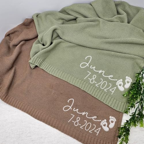 Image of Noni Luxury Personalized Name and Birthday Baby Blanket - Embroidered, Soft Breathable Cotton Knit for Newborns - Valentine's Gift for New Moms