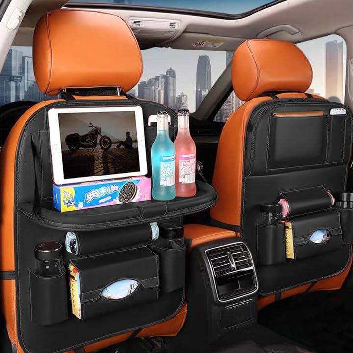 Miniatura 7 de kathson Organizador de asiento de automóvil, bandeja de mesa plegable de piel sintética, protectores de respaldo de asiento, organizador de asiento