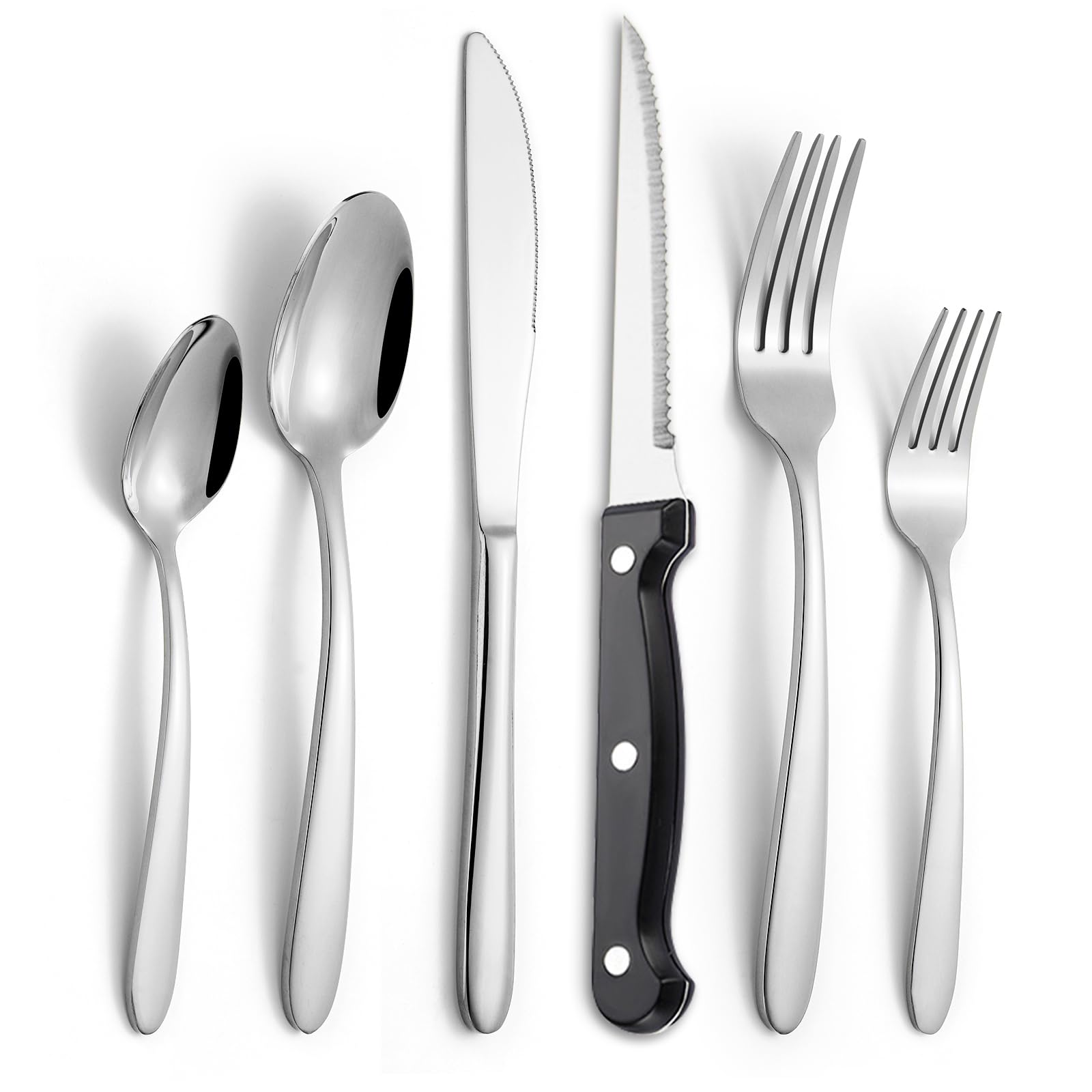 24 Piece Heavy Duty Stainless Steel Silverware Set with Steak Knives for 4, Mirror Polished Flatware Set Cutlery Utensils Tableware Set for Home Kitchen, Fork Knife Spoon Set, Dishwasher Safe