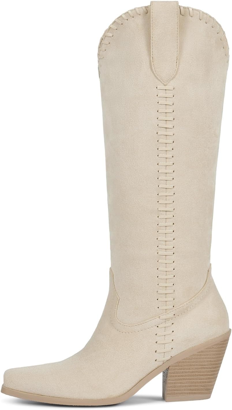 wetkiss Suede Cowboy Boots for Women Knee High Cowgirl Boots Square Toe Western Boots with Side Zipper & Chunky Heel, Tall Cowboy Boots for Daily Wear, Parties & Music Festivals