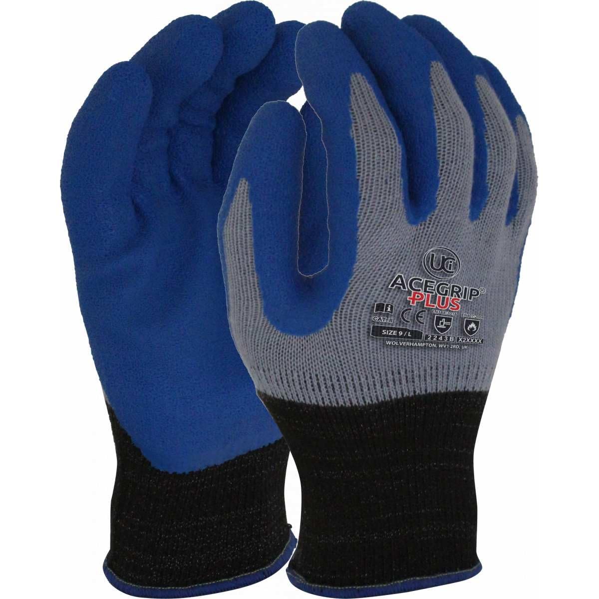 UCi ACEGRIP-PLUS 2243B Lot de 10 gants de travail en latex avec doublure respirante Bleu