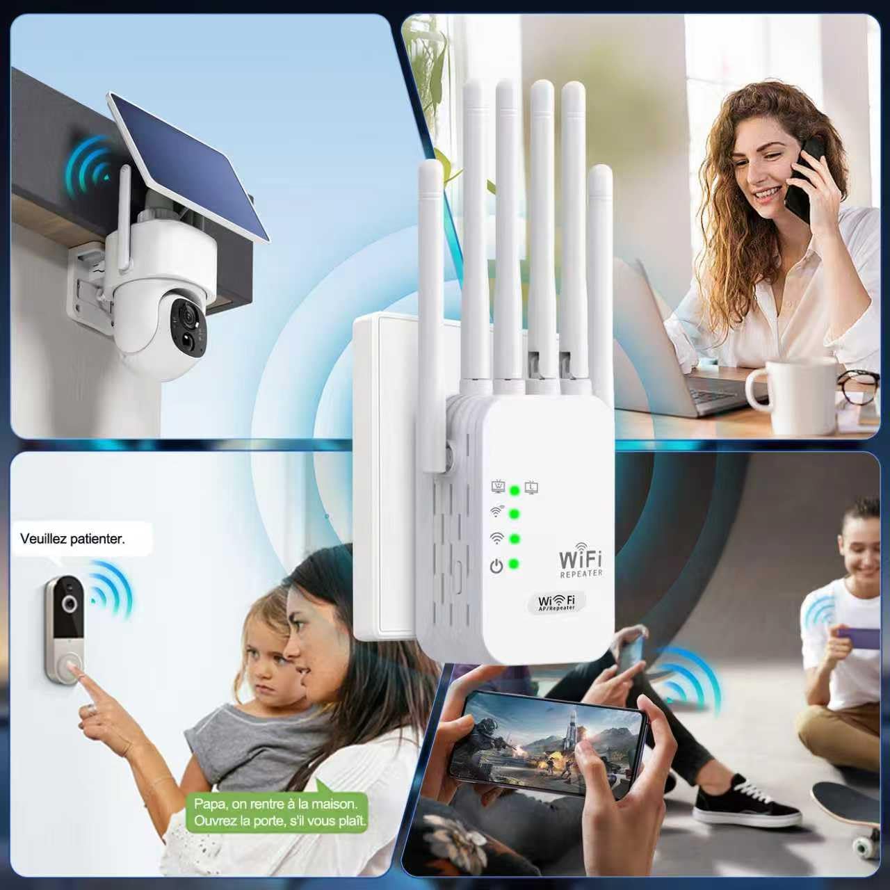 Repeteur WiFi Puissant, Amplificateur Répéteur WiFi 6 Dual Band,repeteur WiFi Puissant avec 6 Antennes Puissantes, 2 Ports LAN,repetiteur WiFi Puissant sans Fil-