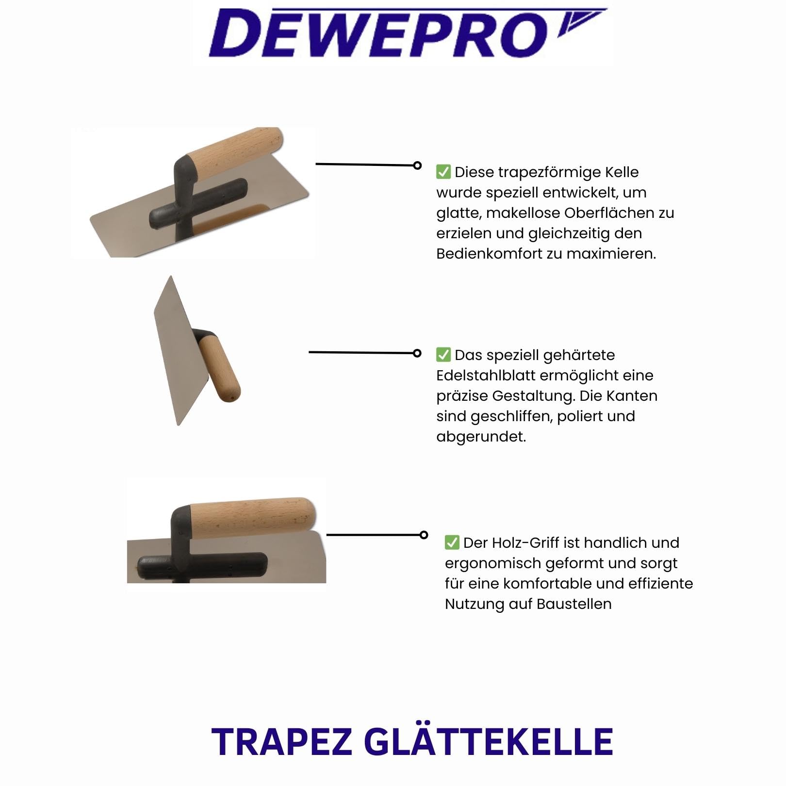 DEWEPRO® Venezianische Glanzputz Glättekelle - Stucco Kelle - Venezianer - trapezförmig - 240x95/75mm - Edelstahlblatt mit abgerundten, geschliffenen und polierten Kanten - Glättkelle