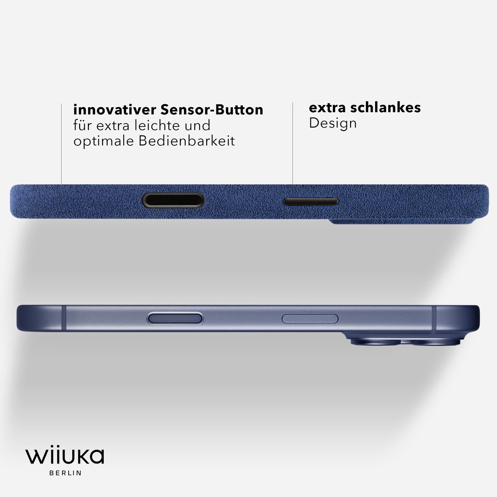 WIIUKA Etui do iPhone 17 Pro Max, oryginalne Alcantara®, ręcznie wykonane, bardzo cienkie, premium etui na telefon komórkowy, Case, Qi, alternatywa dla skóry, skiin Alcantara, niebieskie