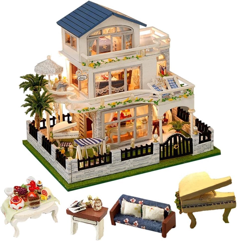 DIY Dollhouse Miniature Kit,Mini Villa Dolls House Furniture Accessories and LED Lights,Model Kits for Adults to Build Birthday Gift (Mini European Style Villa)
