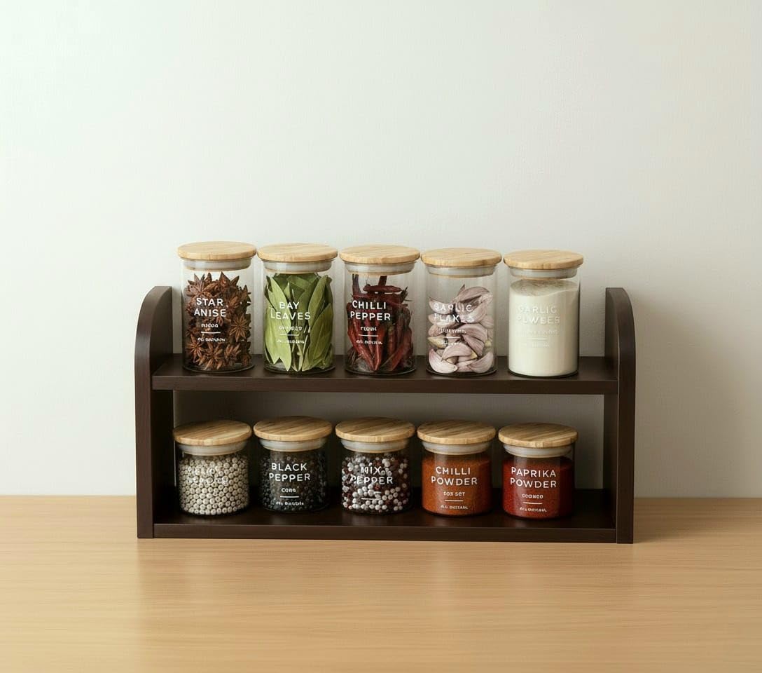 FireBees Wooden Kitchen Organizer Rack | 2 Tier Rack Kitchen Storage | Spice Rack Organizer | Shelf Organiser | Wooden Rack for Kitchen Storage | Countertop Organizer Stand 4X13X8 INCH BROWN-image-22