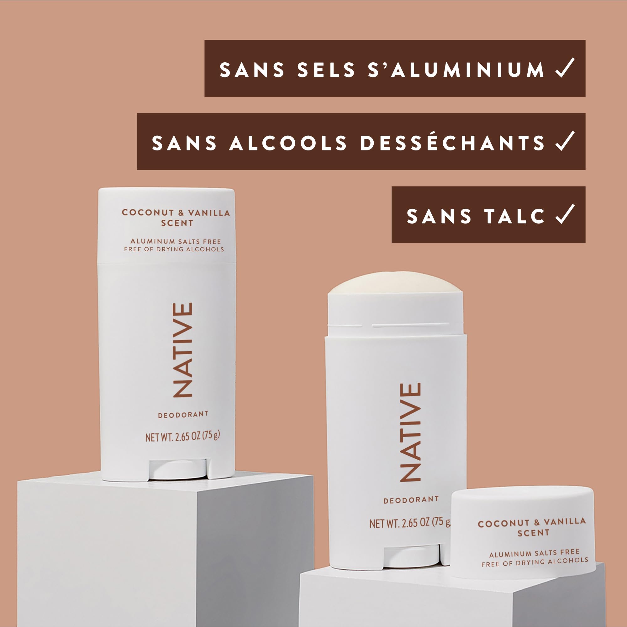 Native Déodorant Femmes & Hommes - Sans Alcool & Aluminium - Parfum Coco & Vanille - Avec Beurre de Karité, Huile de Coco & Bicarbonate de Soude - Contrôle Odeurs 72 Heures (Lot de 2, 75 ml chacun)