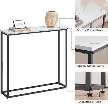 HOOBRO Console Table, Narrow Console Table for Hallway Slim, Hallway Table, Small Sofa Table for Small Spaces, Living Room, Entrance, Bedroom, Metal Frame, Marble, Black EBM76XG01