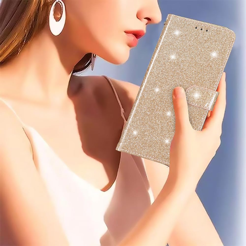 EuoDuo Compatibile con Xiaomi Redmi Note 12 Pro 5G Cover Libro Glitter Custodia Portafoglio Brillantini Magnetica Antiurto con Slot per Schede Donna Ragazza Accessori di Cellulari - Oro