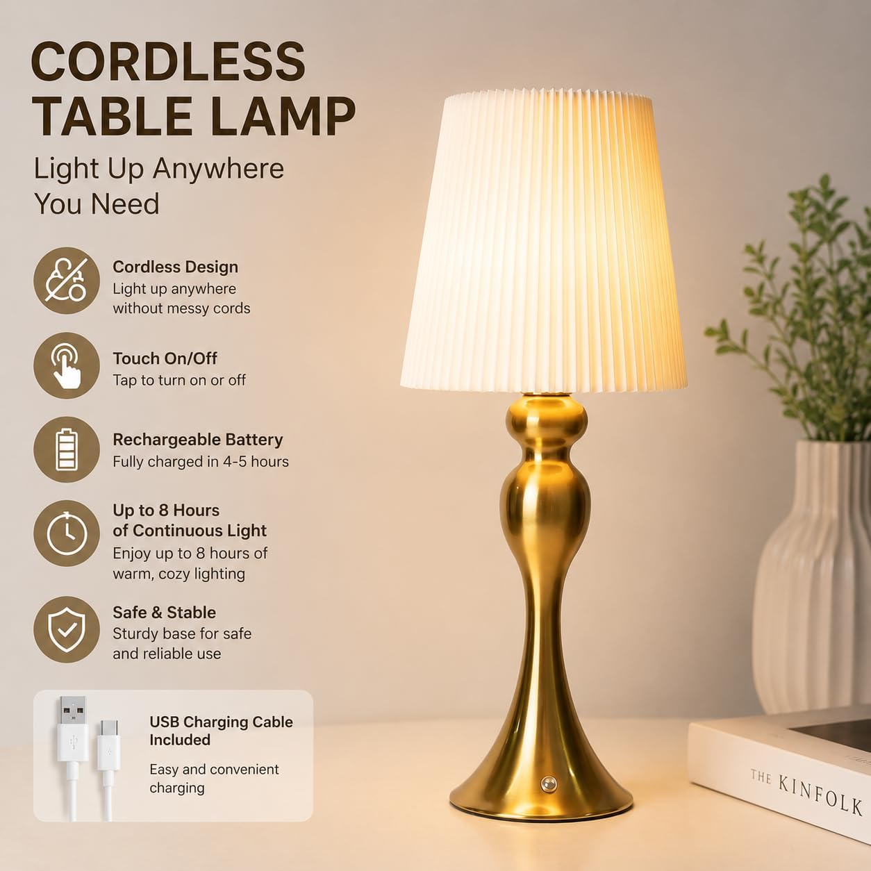 HEQET Cordless Table Lamp, Portable Desk Lamps, Battery Operated, Rechargeable Accent Wireless lamp, for Restaurant, Bedroom, Outdoor Camping, Coffee Shop, Night Light, Bar,Kitchen(Gold)