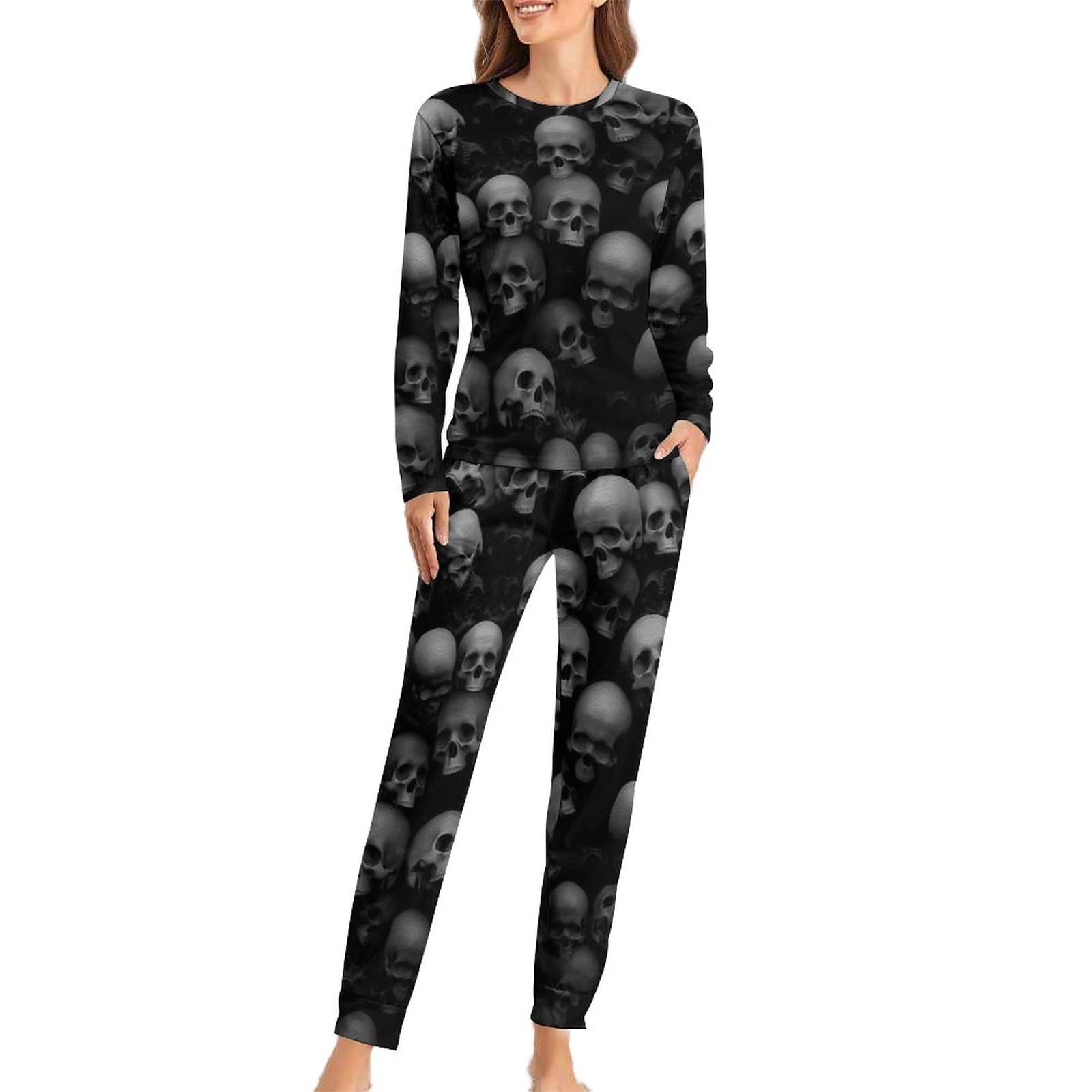 Dgsxynth Woman's Crew Neck Pyjamas Set, Black Skull Head Pyjamas for Women, Women's Pajamas with Pockets