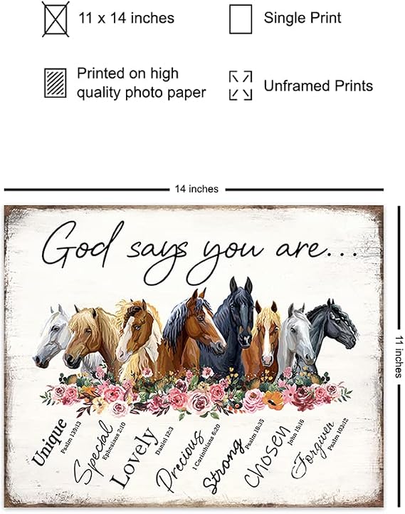 Christianity Religion Horse Wall Art 11x14 - Inspiration spiritual Scripture Boho-chic Farmhouse Poster - God Says You Are Girl Bedroom Decor - Shabby chic decoration - Country Western Gift for Woman