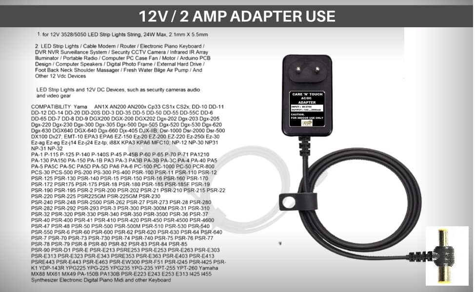 CARE 'N' TOUCH 1.2 mtr wire12V Yamaha Keyboard Power Cord, AC Adapter for Yamaha PSR, YPG, YPT, DGX, DD, EZ and P Digital Piano and Portable Keyboard Series,Replacement for Yamaha PA130 PA150 Adapter - Image 2 thumbnail