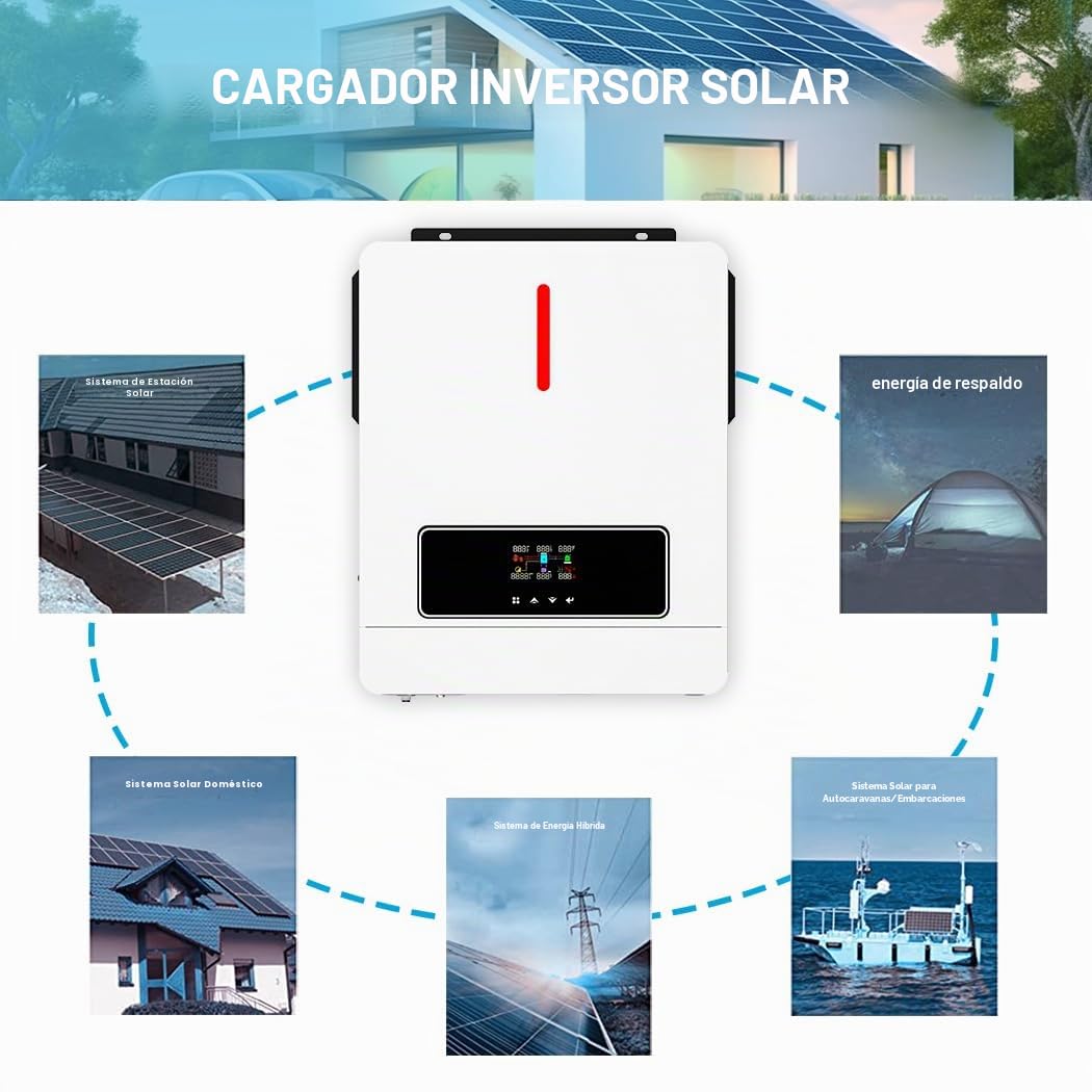 Y&H Inversor híbrido solar 6,2 kW, 24/48 V, AC220 V, potencia de salida dual, MPPT 120 A, cargador solar, potencia máxima fotovoltaica, entrada 6500 W, comunicación WiFi