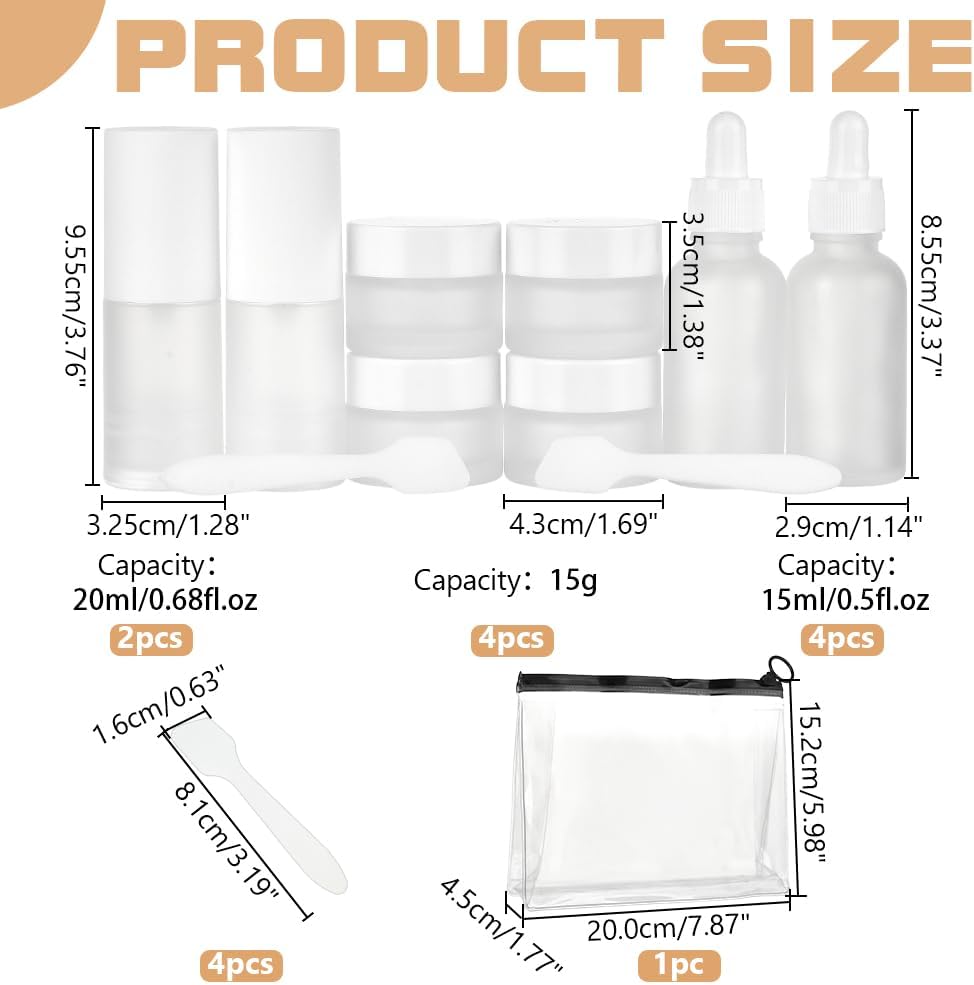 WADORN 15Pcs Travel Skincare Containers Set, Mini Refillable Makeup Containers with Bag Empty Leak Proof Travel Bottles Kits for Woman Man Serums Moisturizers Lotion Toners Cream Storage