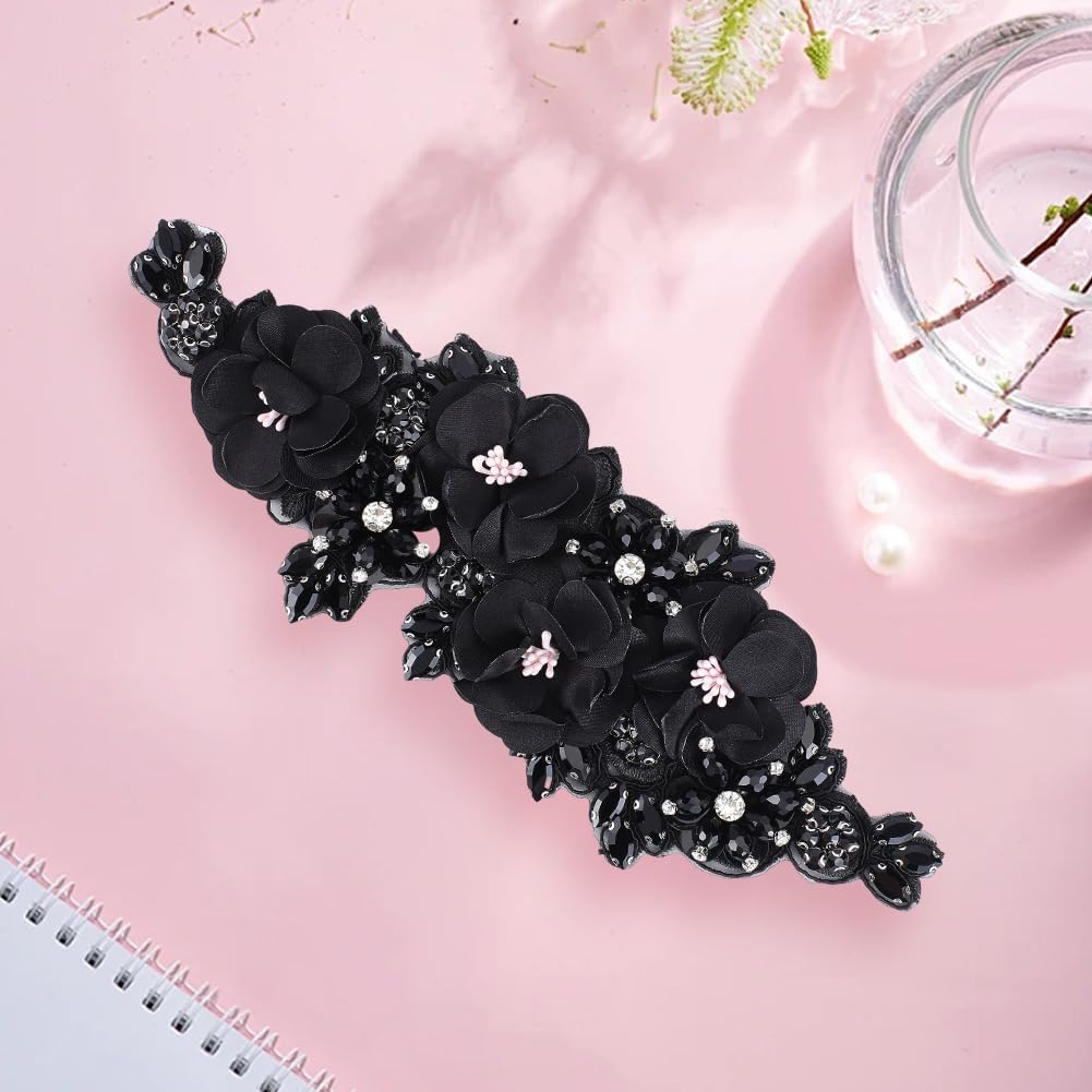 3D Black Floral Lace Applique Rhinestone Embroidered Appliques Flower Crystal Beaded Embroidery Sew on Tulle Repair Patches for Sewing Making Clothes Dresses Wedding Gowns Costumes Bridal