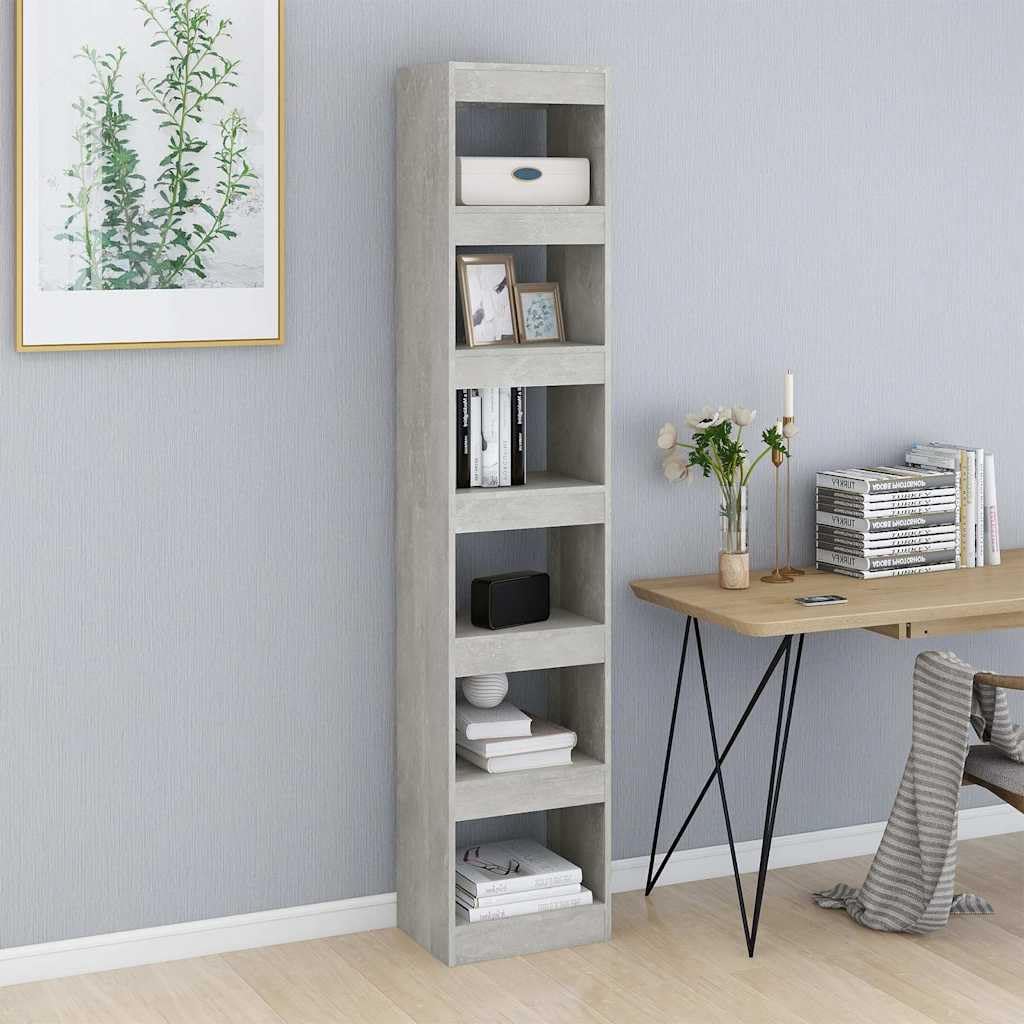 Libreria grigio cemento, 40 x 30 x 198 cm, in legno, divisorio e scaffale con molto spazio, sistema di scaffale aperto per soggiorno, ufficio, studio