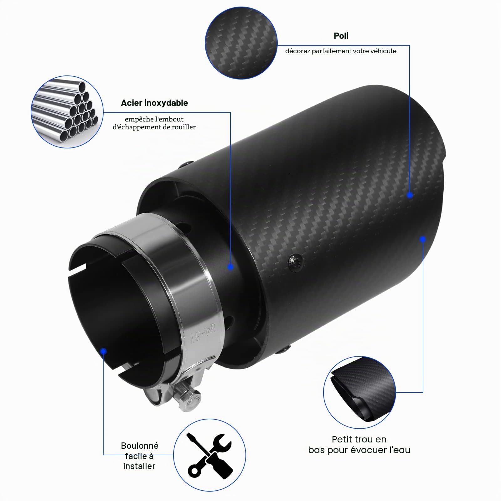 2.5'' Entrée Embout Échappement 3,5" Sortie Inox/Carbone Noir Mat | Fixation sans soudure/perçage|Réduit bruit échappement|Anti-rouille & durable|Intérieur poli miroir + bleu|Universelpour 63mm